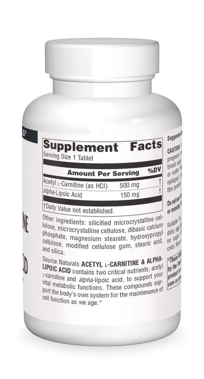 Source Naturals Acetyl L-Carnitine & Alpha-Lipoic Acid 650mg – 180 Tablets