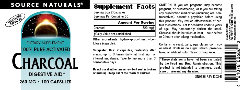 Source Naturals Activated Charcoal - Digestive Aid, 100 Capsules