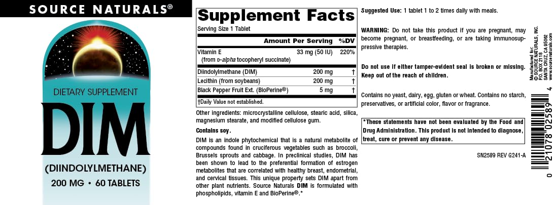 Source Naturals DIM 200mg with BioPerine, Vitamin E – 60 Tablets