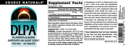 Source Naturals DLPA DL-Phenylalanine 750 mg - 60 Tablets | Mood & Alertness Support