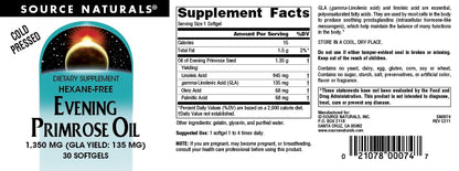 Source Naturals Evening Primrose Oil Hexane-Free 1350 mg | GLA 135 mg | Cold-Pressed | 30 Softgels
