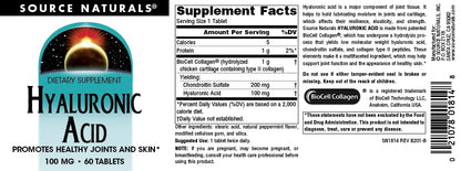 Source Naturals Hyaluronic Acid 100 mg - Joints & Skin Support, 60 Tablets