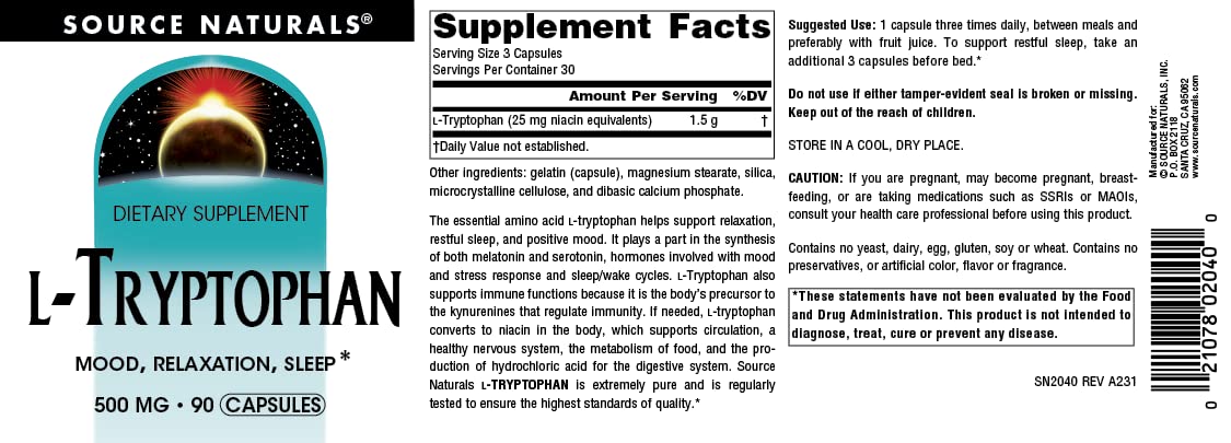 Source Naturals L-Tryptophan 500 mg, 90 Caps – Sleep, Mood & Metabolism Support
