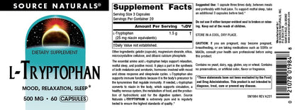 Source Naturals L-Tryptophan 500mg - 60 Capsules | Mood, Relaxation & Sleep*