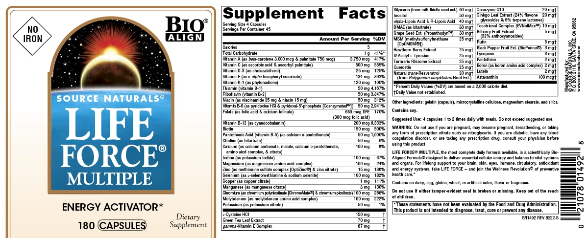Source Naturals Life Force Iron Free Multivitamin – High Potency Daily Vitamin, 180 Capsules