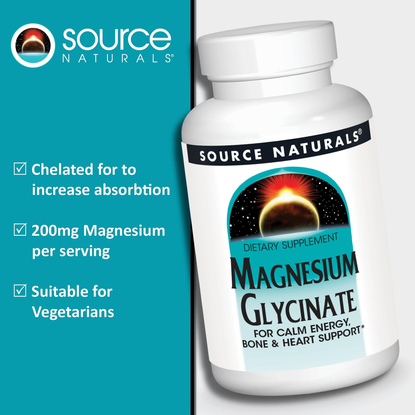 Source Naturals Magnesium Glycinate, Chelated for High Absorption | Calm Energy, Bone & Heart Support*, 200 mg per Serving - 60 Tablets