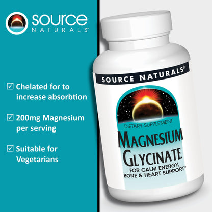 Source Naturals Magnesium Glycinate, Chelated for High Absorption | Calm Energy, Bone & Heart Support*, 200 mg per Serving - 60 Tablets