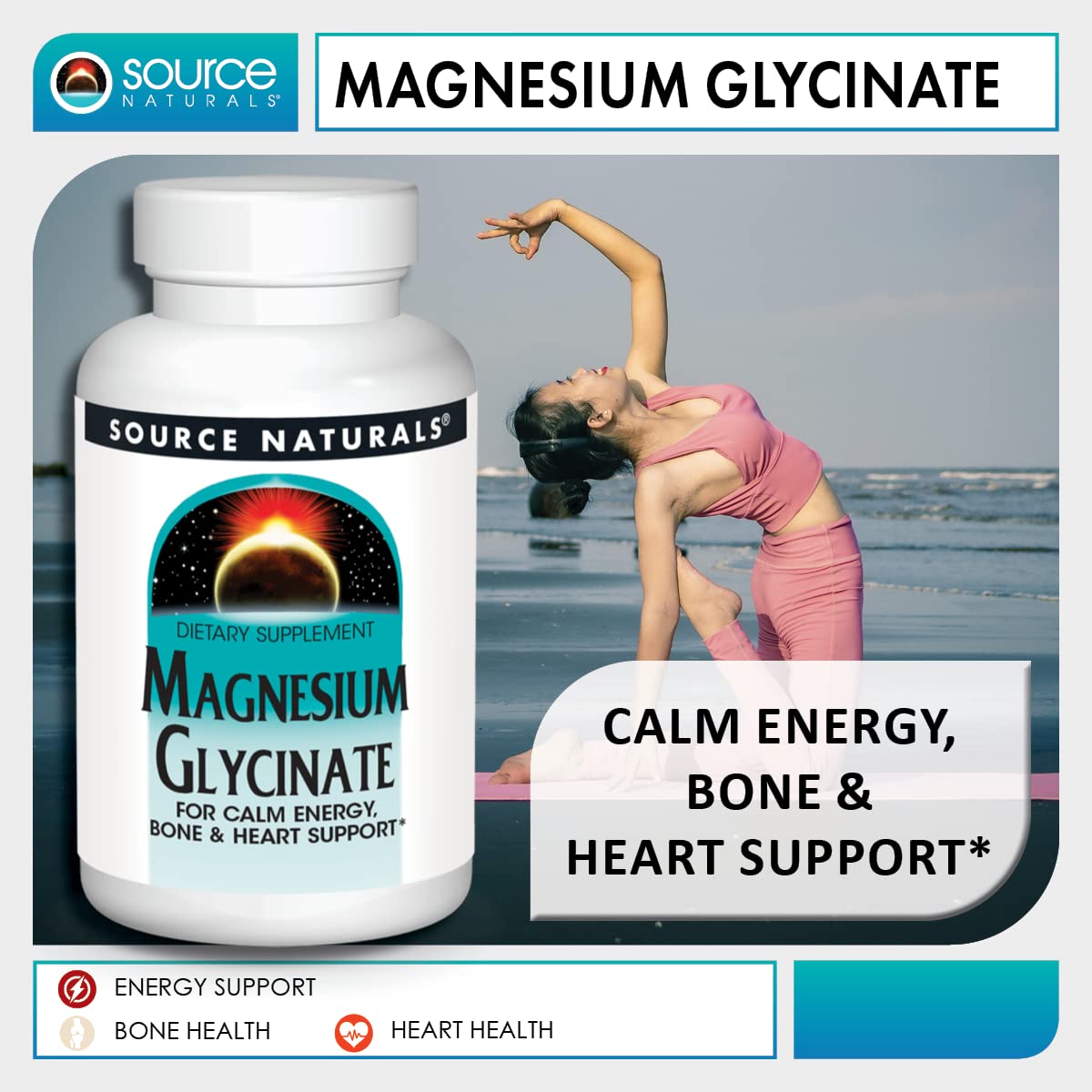 Source Naturals Magnesium Glycinate, Chelated for High Absorption | Calm Energy, Bone & Heart Support*, 200 mg per Serving - 60 Tablets