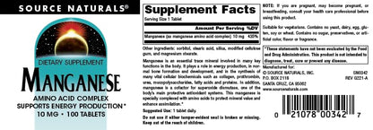 Source Naturals Manganese, Amino Acid Chelate – Supports Energy Production – 100 Tablets