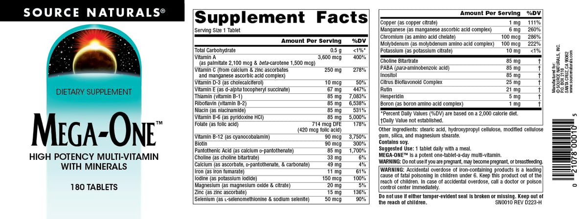 Source Naturals Mega-One Multi-Vitamin with Minerals - 180 Tablets BritishVita | Premium UK Vitamins & Wellness Supplements