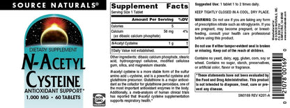 Source Naturals N-Acetyl Cysteine 1000 mg – Antioxidant Support for Respiratory Health | 60 Tablets