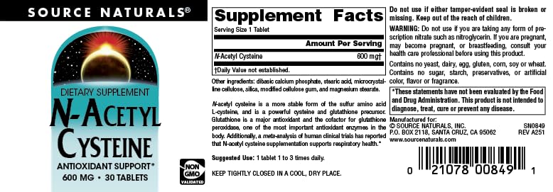 Source Naturals N-Acetyl Cysteine 600 mg – Antioxidant Support, 30 Tablets