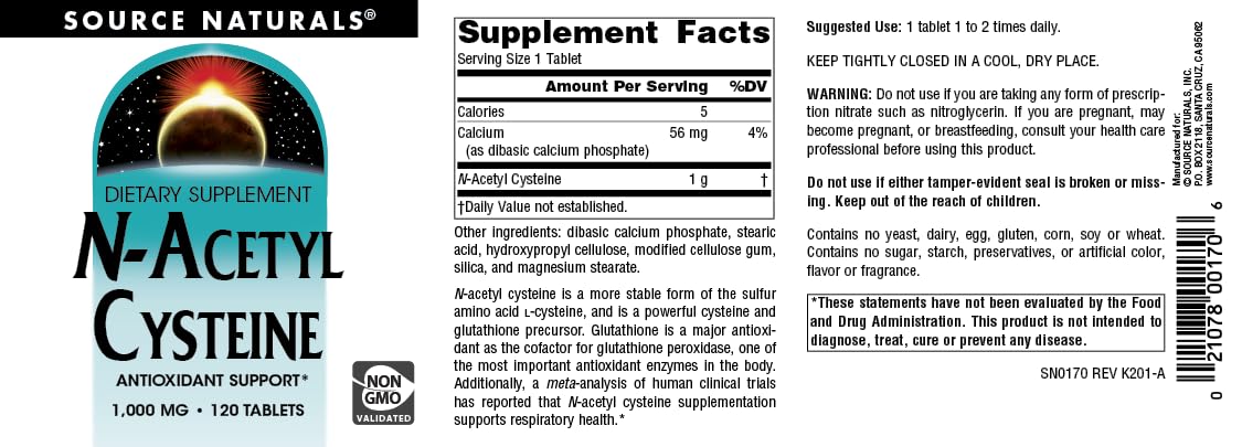 Source Naturals N-Acetyl Cysteine 1000 mg – Antioxidant Support (120 Tablets)