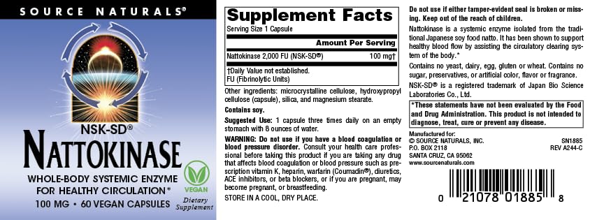 Source Naturals NSK-SD Nattokinase 100mg | Systemic Enzyme for Healthy Circulation - 60 Vegan Capsules