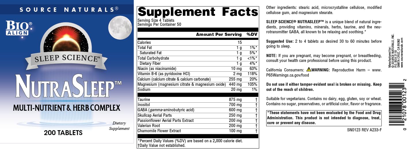 Source Naturals NutraSleep Melatonin-Free Multi-Nutrient & Herb Complex – 200 Tablets