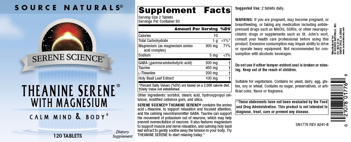 Source Naturals Serene Science L-Theanine with Magnesium and GABA – 120 Tablets