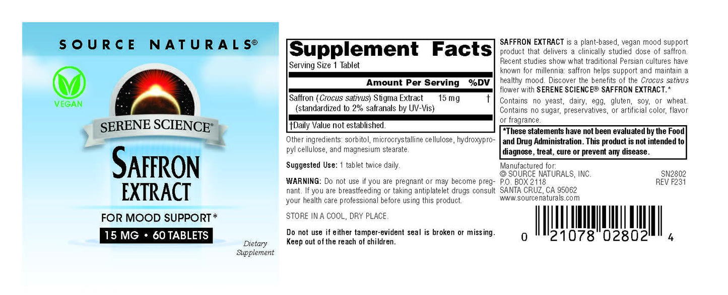 Source Naturals Serene Science Saffron Extract for Mood Support - 60 Tablets