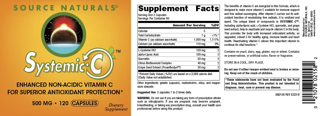Source Naturals Systemic C 500mg - 120 Capsules | Immune Support & Antioxidant Vitamin C