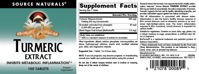 Source Naturals Turmeric Extract 95% Curcumin – Supports Inflammatory Response (100 Tablets)