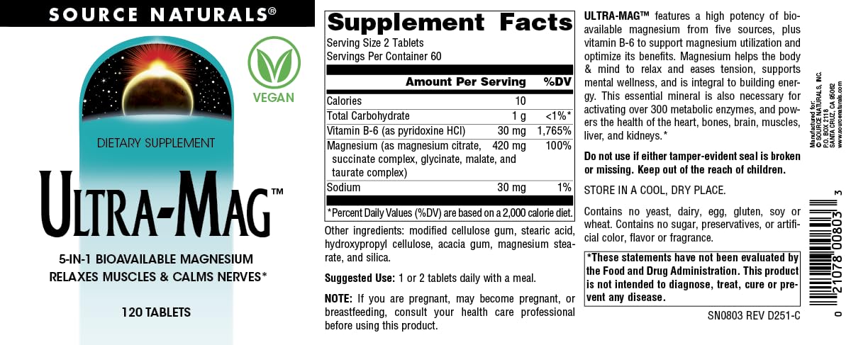 Source Naturals Ultra-Mag 5-in-1 Magnesium | Relaxes Muscles & Calms Nerves | 120 Vegan Tablets