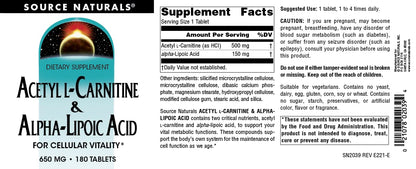 Source Naturals Acetyl L-Carnitine & Alpha-Lipoic Acid 650mg – 180 Tablets