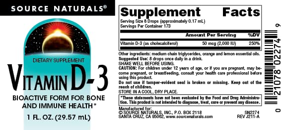 Source Naturals Vitamin D-3 Liquid Drops 2000 IU - 1 Fl Oz