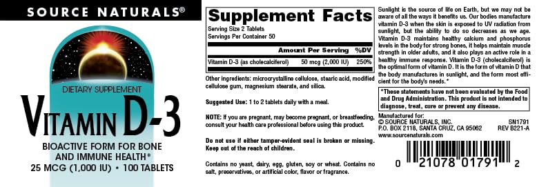 Source Naturals Vitamin D-3 1000 IU – Supports Bone & Immune Health* | 100 Tablets
