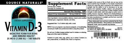 Source Naturals Vitamin D-3 1000 IU – Supports Bone & Immune Health* | 100 Tablets