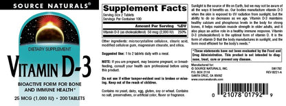 Source Naturals Vitamin D-3 Bioactve Form 1000 IU (25 mcg) – Supports Bone & Immune Health | 200 Tablets
