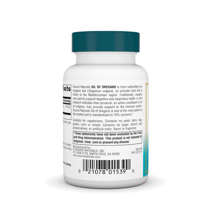 Source Naturals Wellness Oil of Oregano - Standardized to 70% Carvacrol - 60 Vegetarian Capsules