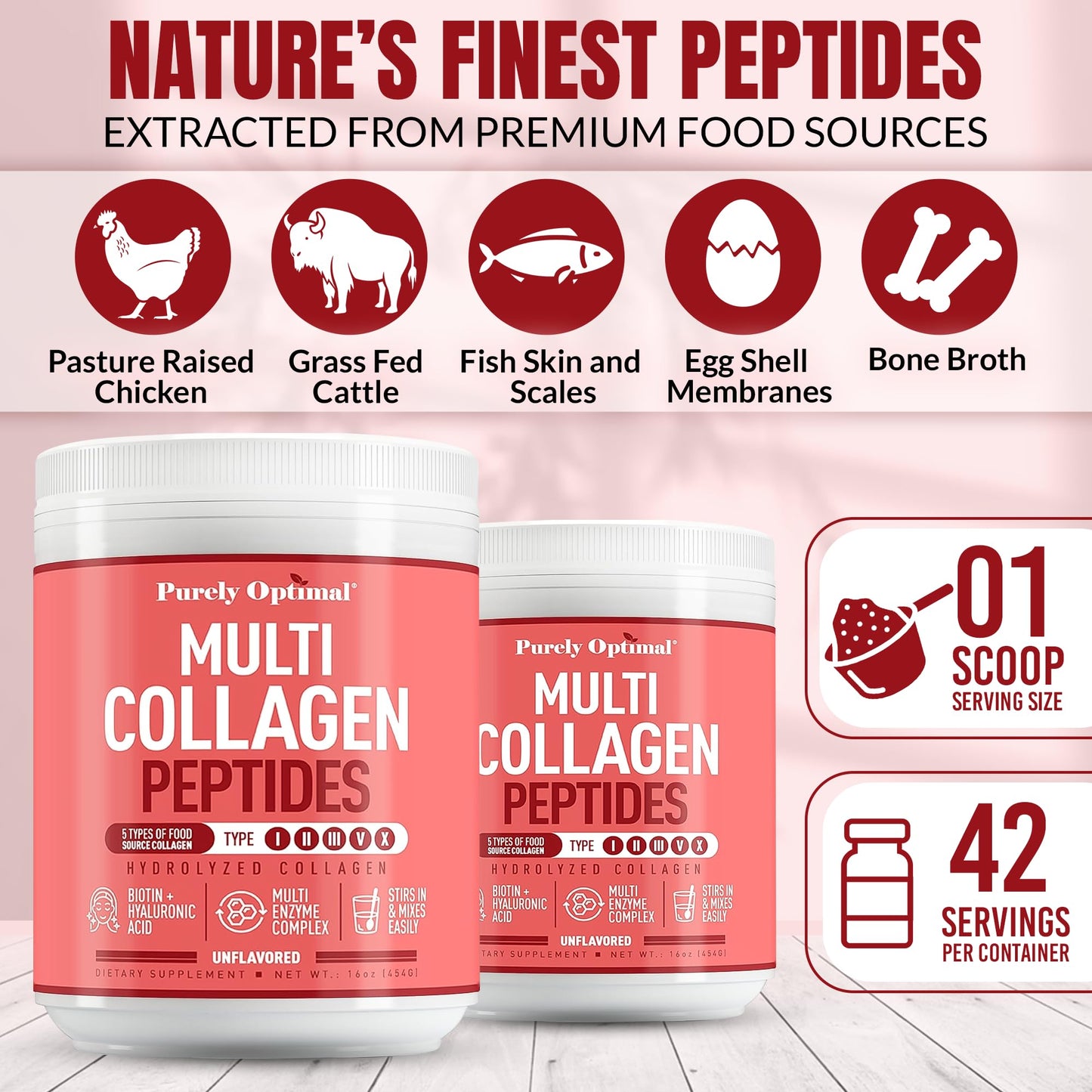 Purely Optimal Multi Collagen Powder for Women – 5 Types, Biotin & Hyaluronic Acid (Unflavored, 42 Servings)