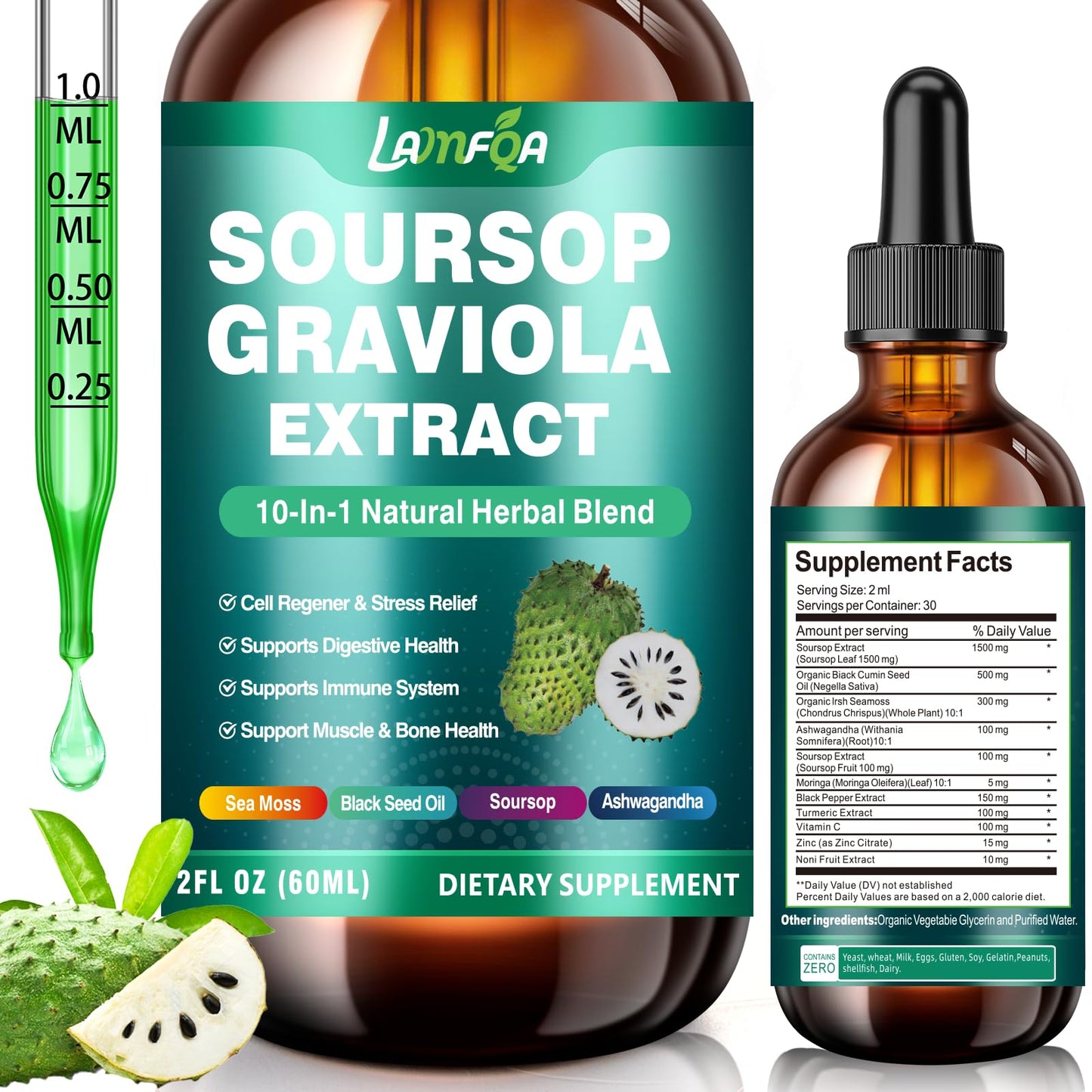Soursop Bitters Liquid 10-in-1 with Ashwagandha, Turmeric & Black Seed Oil — Immune & Gut Health
