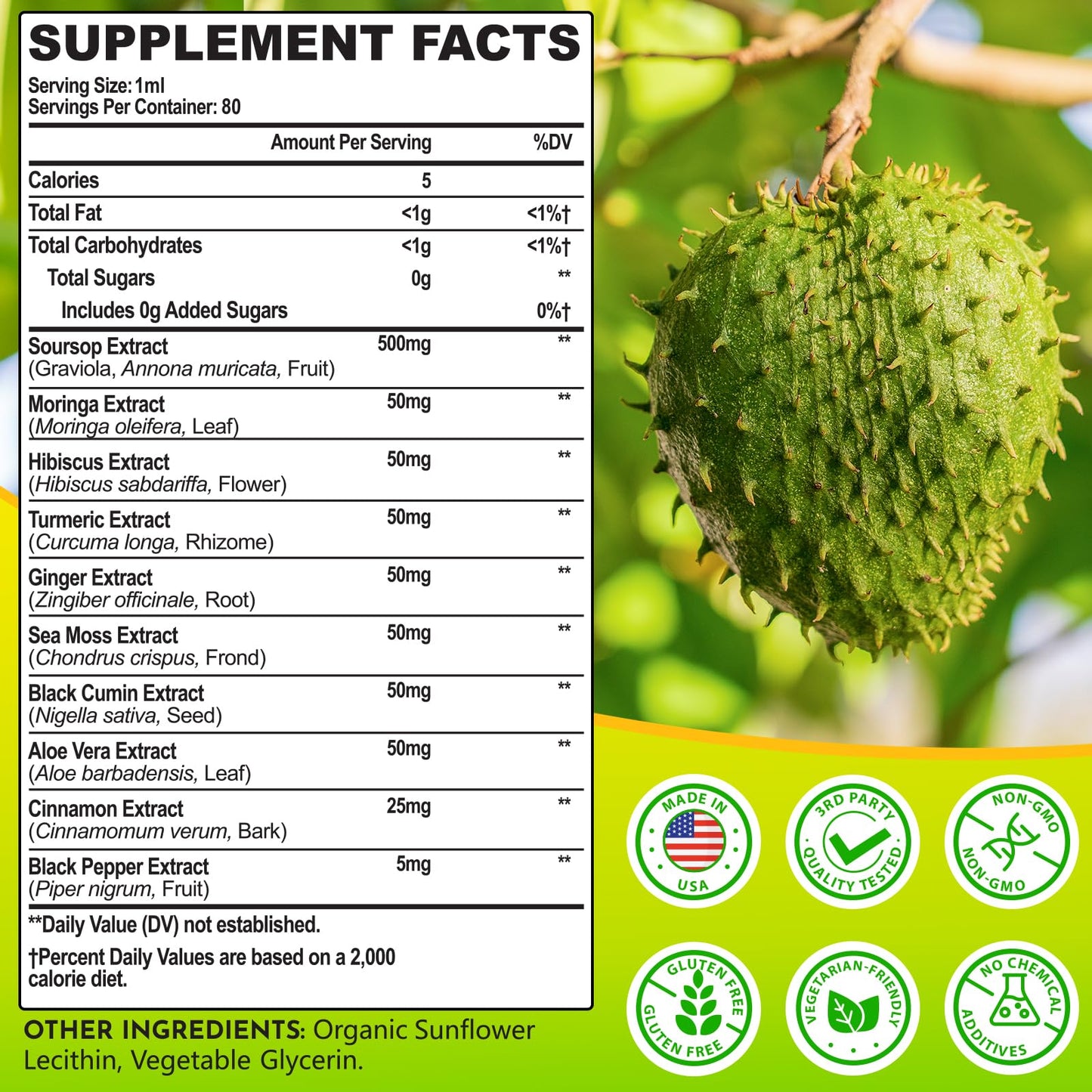 80ML Soursop Bitters Liquid Drops – 10-in-1 Multivitamin with Leaf Extract & Sea Moss | Immunity, Gut, Skin | 2.8 fl oz