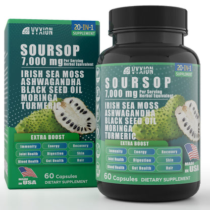 Soursop Graviola 20-in-1 Supplement – Sea Moss, Moringa, Turmeric, Black Seed Oil, Oregano, Ashwagandha | Vegan & Non-GMO | 60 Capsules