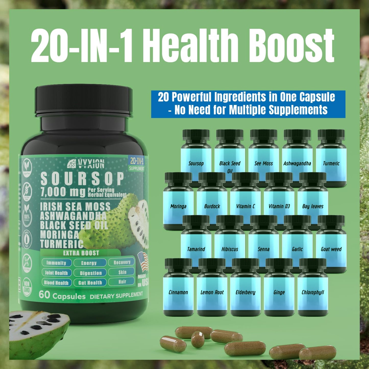 Soursop Graviola 20-in-1 Supplement – Sea Moss, Moringa, Turmeric, Black Seed Oil, Oregano, Ashwagandha | Vegan & Non-GMO | 60 Capsules
