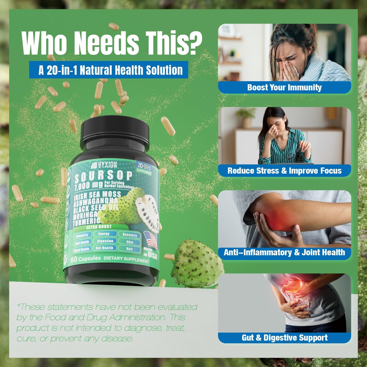 Soursop Graviola 20-in-1 Supplement – Sea Moss, Moringa, Turmeric, Black Seed Oil, Oregano, Ashwagandha | Vegan & Non-GMO | 60 Capsules