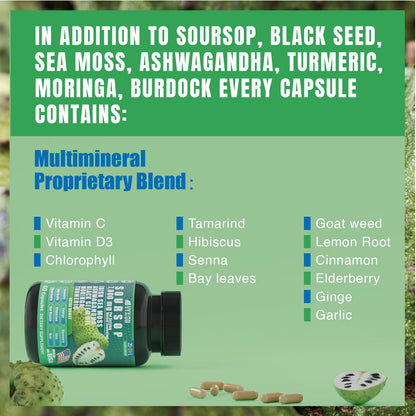 Soursop Graviola 20-in-1 Supplement – Sea Moss, Moringa, Turmeric, Black Seed Oil, Oregano, Ashwagandha | Vegan & Non-GMO | 60 Capsules