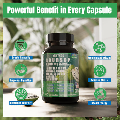 Soursop Graviola 20-in-1 Supplement – Sea Moss, Moringa, Turmeric, Black Seed Oil, Oregano, Ashwagandha | Vegan & Non-GMO | 60 Capsules