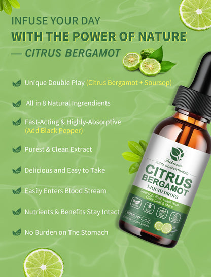 Citrus Bergamot Liquid Drops – High Absorption (2 Fl Oz) with Soursop, Garlic, Olive Leaf & Red Yeast Rice