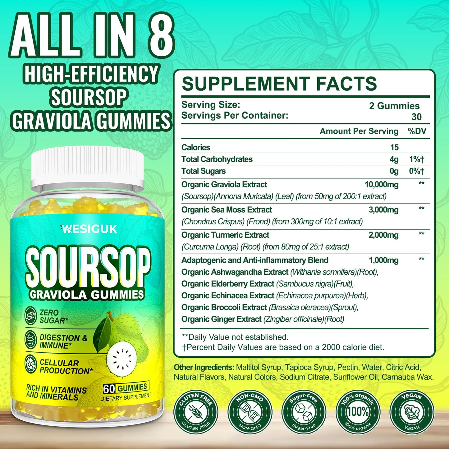 Soursop Graviola Gummies - Max Strength with Sea Moss and Turmeric | Vegan and Sugar-Free