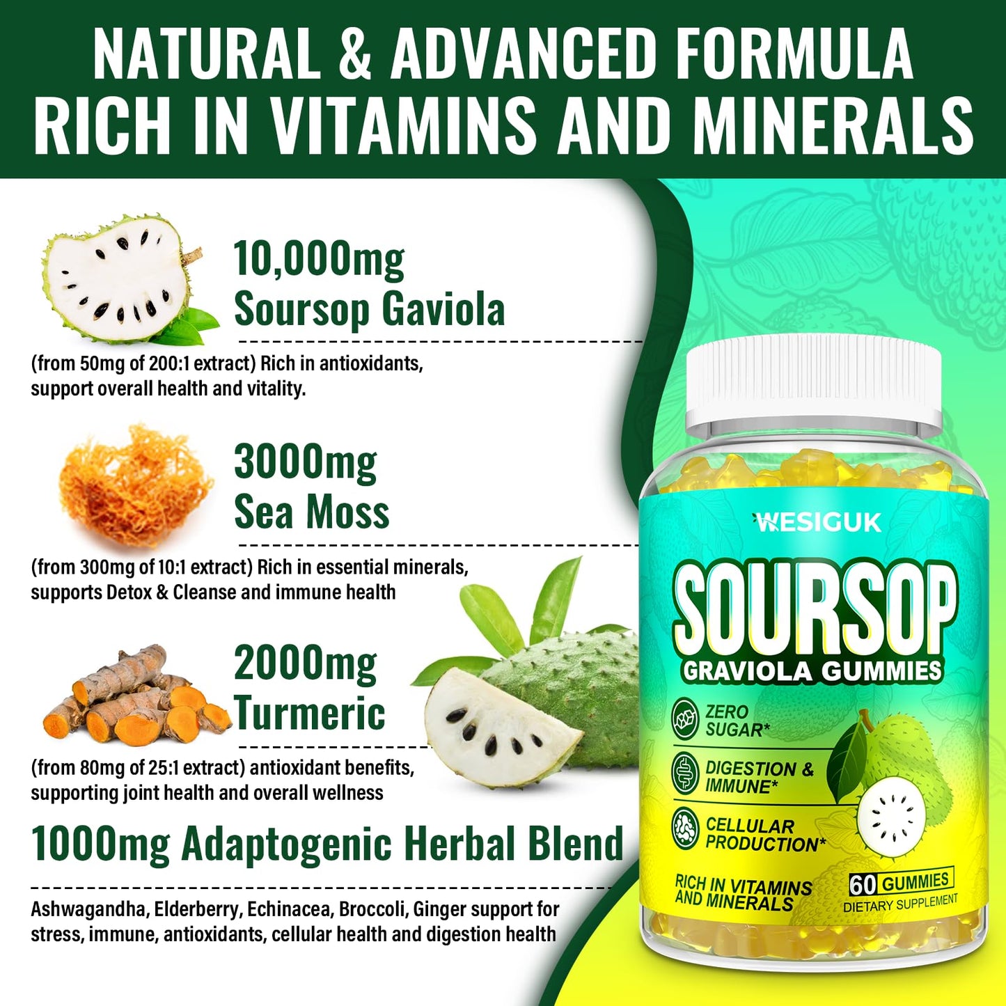 Soursop Graviola Gummies - Max Strength with Sea Moss and Turmeric | Vegan and Sugar-Free