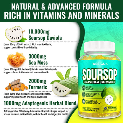 Soursop Graviola Gummies - Max Strength with Sea Moss and Turmeric | Vegan and Sugar-Free