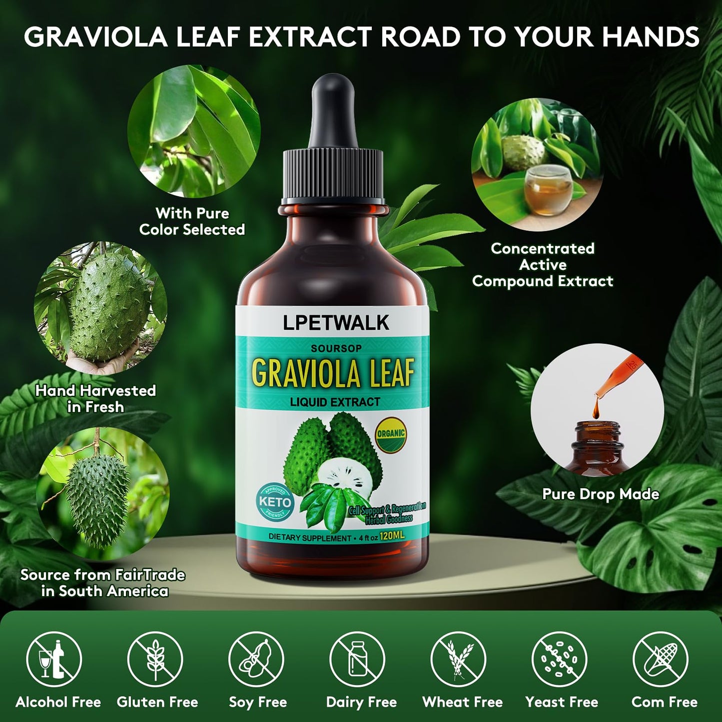 4 Fl Oz Soursop Graviola Leaf Extract Liquid Drops – Organic Guanabana Leaves, 120ml Big Capacity