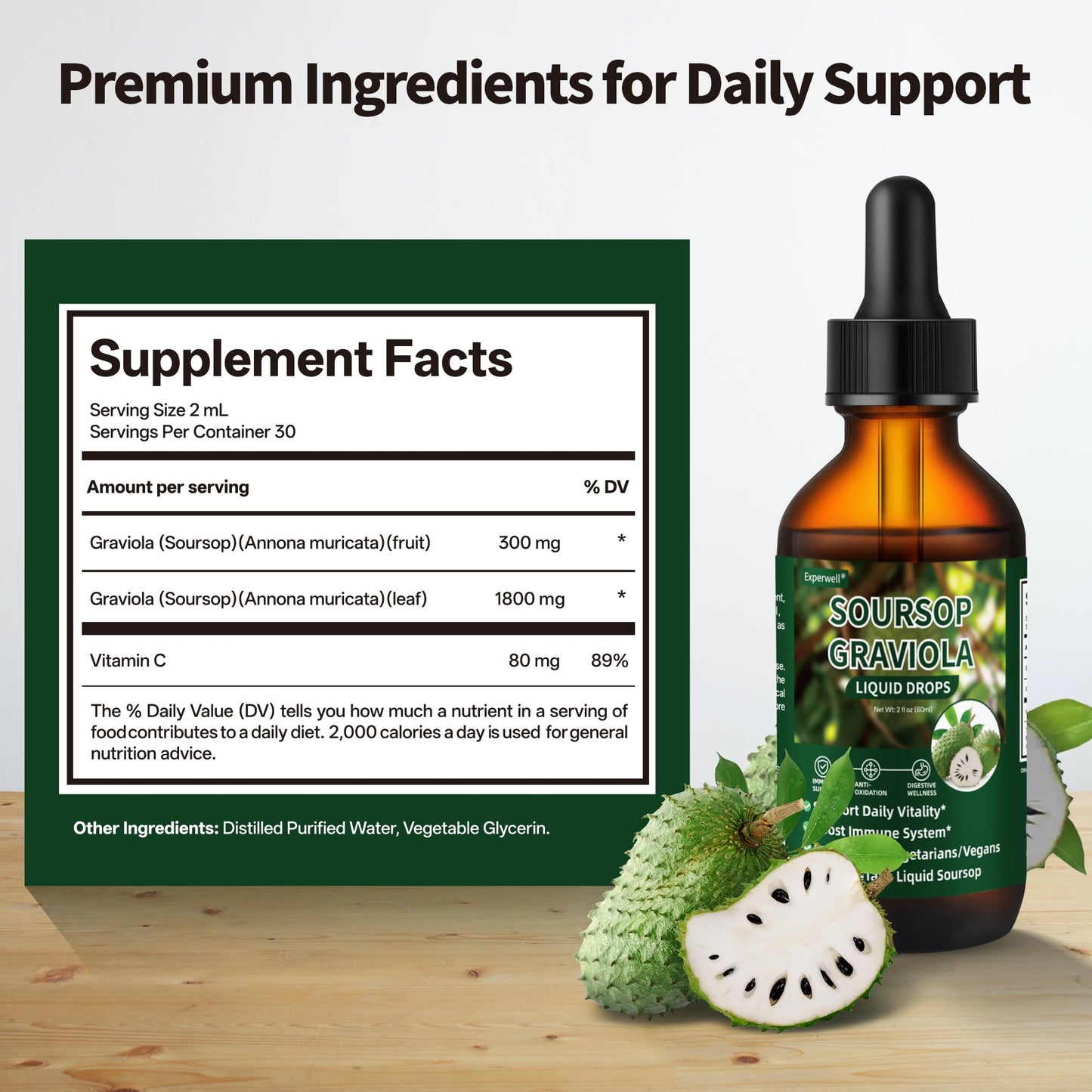 Soursop Graviola Liquid Drops – Immune Support, Digestive Bitters, 2 oz, Vegan