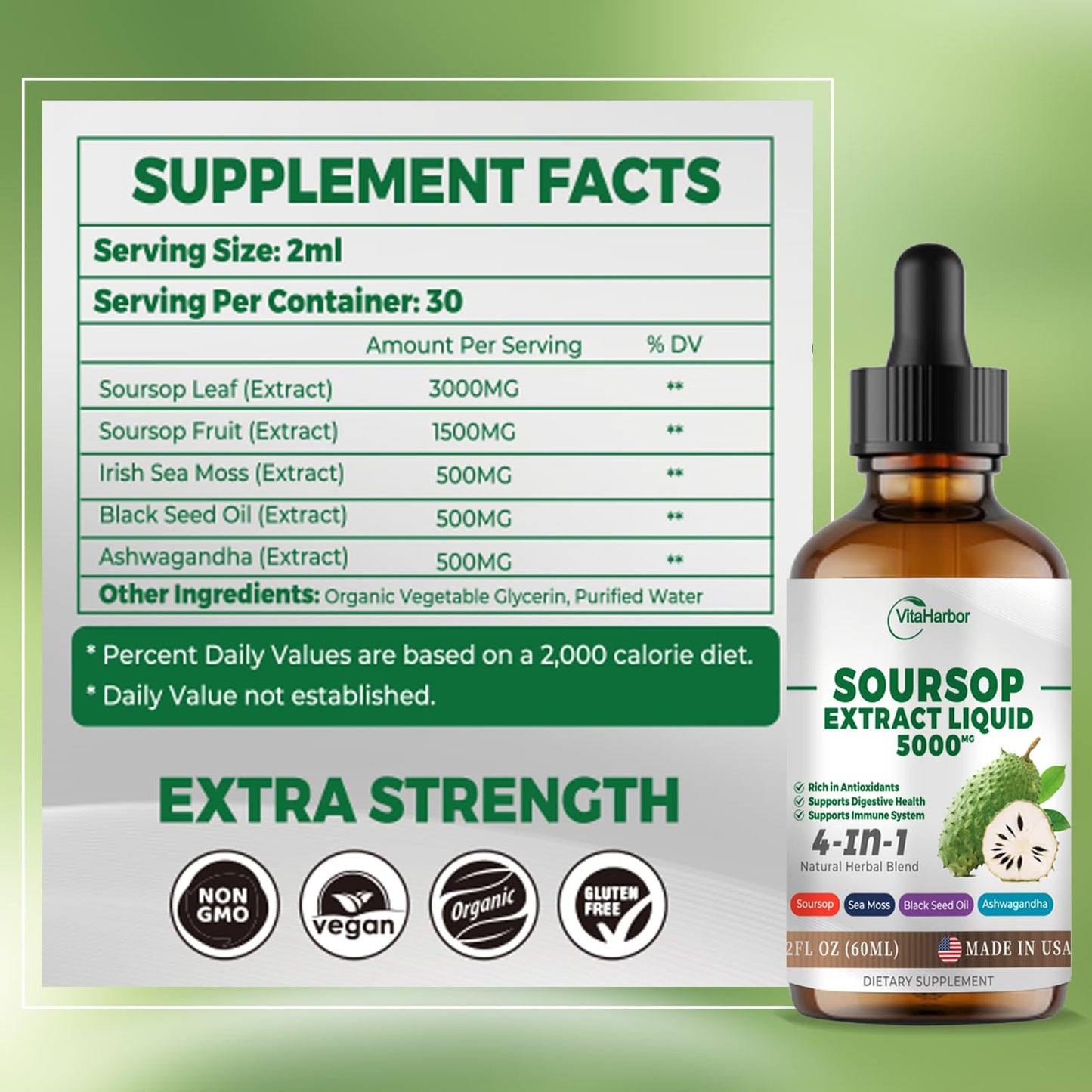 4-in-1 Soursop Bitters Liquid – Sea Moss, Black Seed Oil & Ashwagandha for Immune & Digestive Support (2 oz) | Sugar-Free, Non-GMO, Vegan