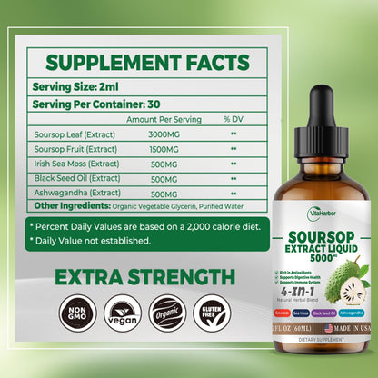 4-in-1 Soursop Bitters Liquid – Sea Moss, Black Seed Oil & Ashwagandha for Immune & Digestive Support (2 oz) | Sugar-Free, Non-GMO, Vegan