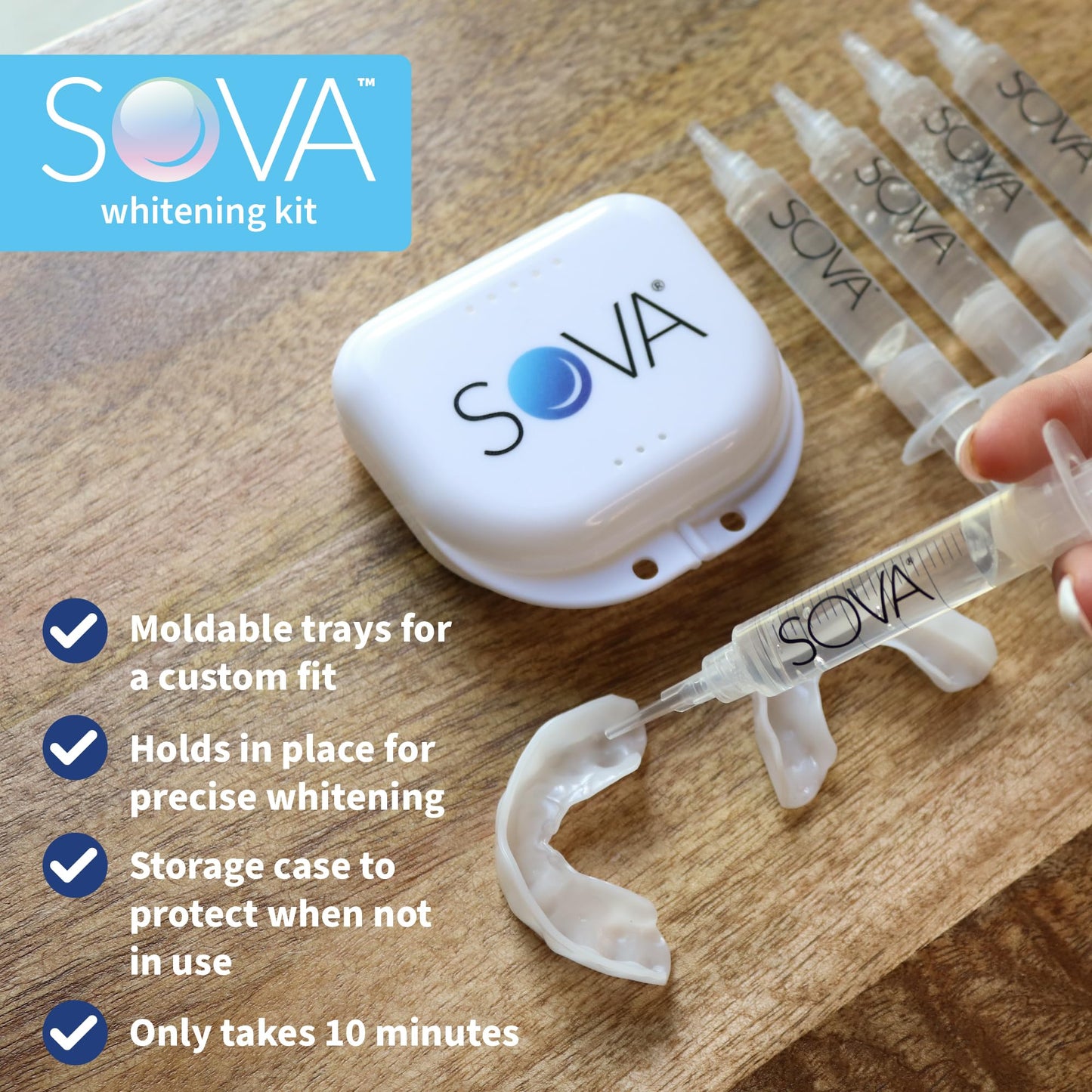 SOVA White Teeth Whitening Kit – 2 Custom-Fit Trays, 5 Gel Applicators, Protective Case