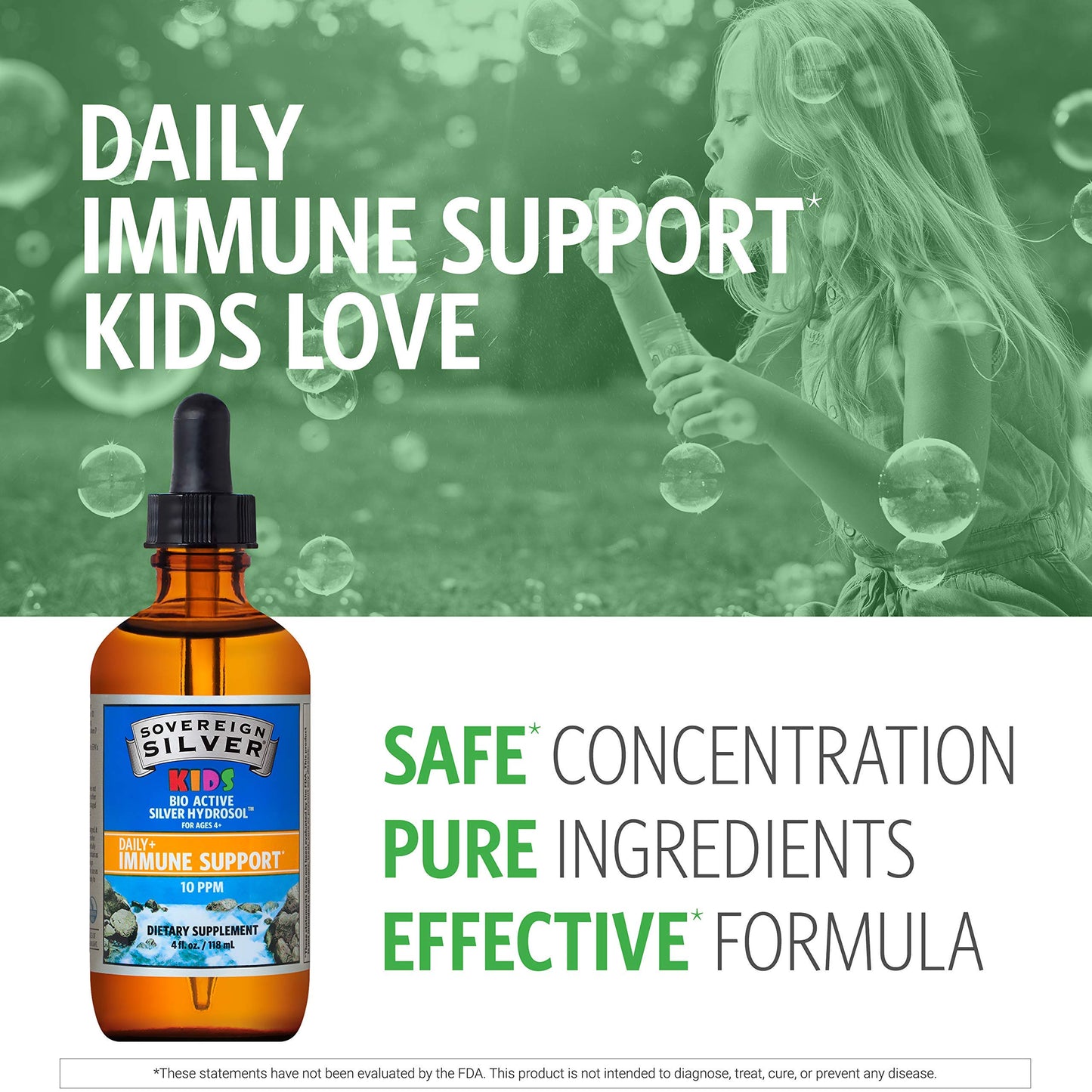 Sovereign Silver Kids Immune Support - 10 ppm Colloidal Silver for Children, 4 Fl Oz (118 mL)