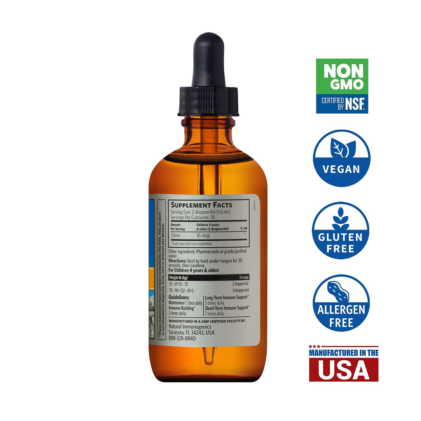 Sovereign Silver Kids Immune Support - 10 ppm Colloidal Silver for Children, 4 Fl Oz (118 mL)