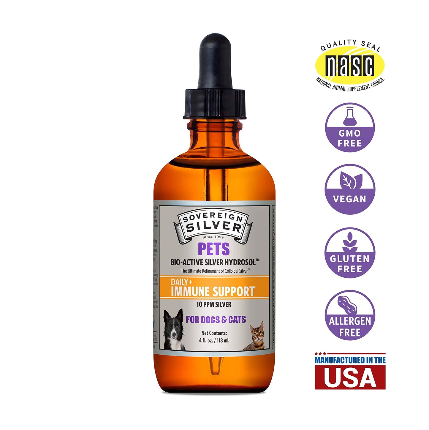 Sovereign Silver Pets Immune Support - 10 ppm Colloidal Silver for Dogs & Cats, 4 oz